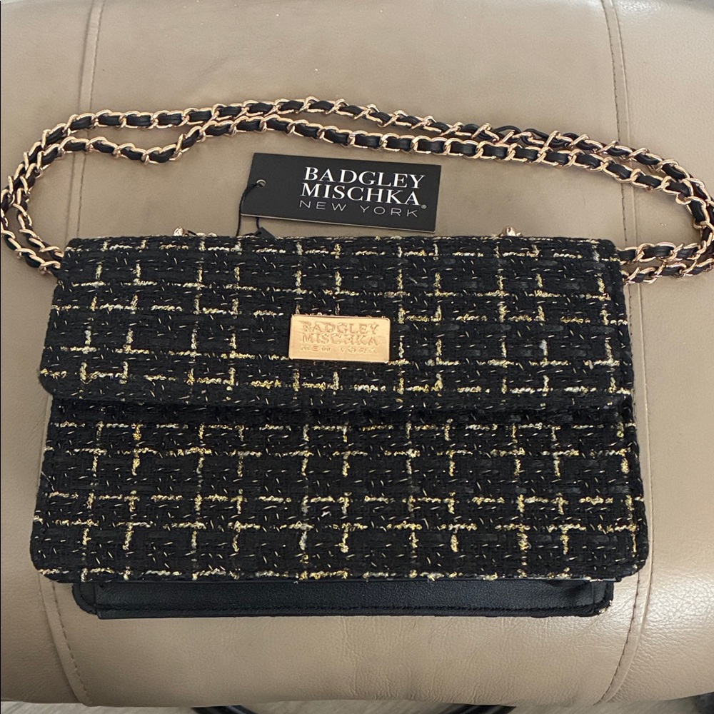 Badgley Mischka Tweed Crossbody Bag in Black and Gold